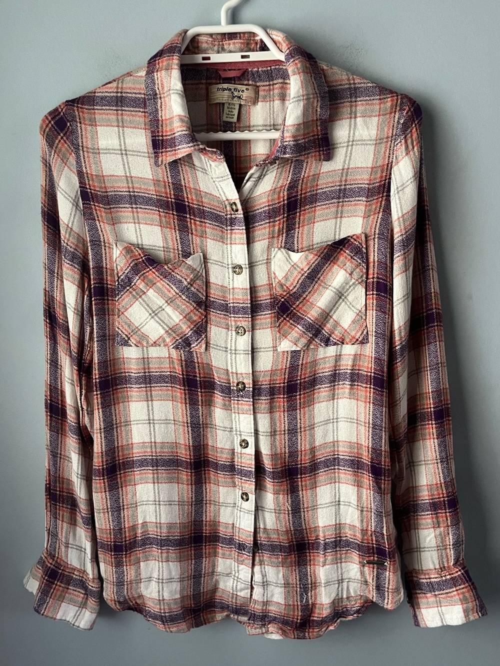 Triple Five Soul White Purple Plaid Lightweight Button-Up Shirt Size XL